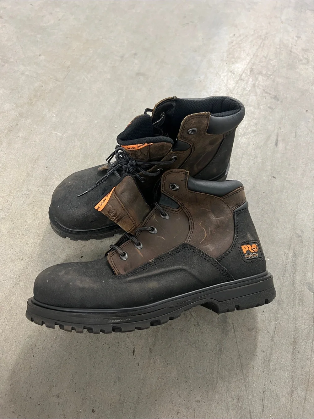 Men's Black and Brown Safety Work Boots with Orange Accents